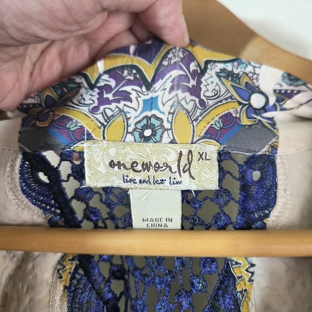 One World Womens XL Boho Maxi Dress Rhinestone Embellished Blue Lace Back - Picture 12 of 12